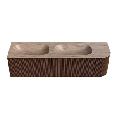 MONDIAZ KURVE-DLUX 165cm badmeubel ronding Rechts kleur Walnut met 2 lades en 1 deur. Wastafel STOR SMALL Dubbel / Links zonder kraangat Saba.