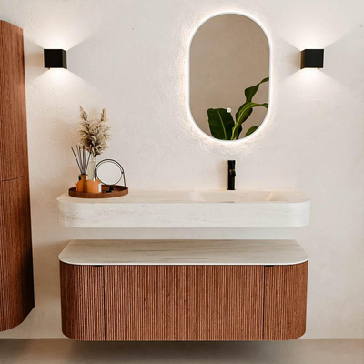 MONDIAZ THOR-DLUX 130cm badmeubel ronding links + rechts kleur Ruby met 1 lade en 2 deuren. Vrijhangende wastafel CLOUD Rechts 1 kraangat kleur Meli.