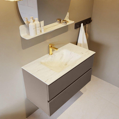 Mondiaz VICA-DLUX ensemble de meuble de salle de bain - 90cm - meuble sous-vasque fumée - 2 tiroirs - lavabo encastré nuage milieu - 1 trou de robinet - version haute 60cm - opalo