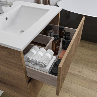 Adema Chaci Ensemble de meuble - 60x46x57cm - 1 vasque en céramique blanche - 1 trou de robinet - 2 tiroirs - armoire de toilette - cannelle