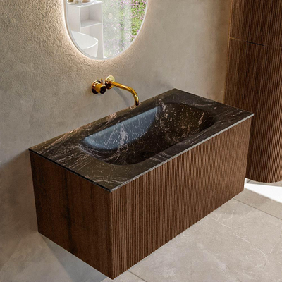 MONDIAZ KURVE-DLUX 90cm badmeubel kleur Walnut met 1 lade. Wastafel BIG SMALL midden zonder kraangat kleur Lava.