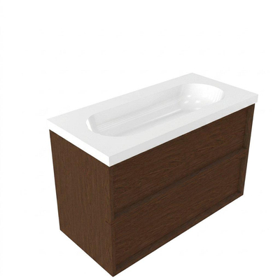 Saniclass Holz Frame Ensemble meuble de salle de bains - 100x45x63.5cm - lavabo en céramique Palermo blanc - 1 vasque - 1 trou de robinetterie - 2 tiroirs - mat walnut pure (bois)