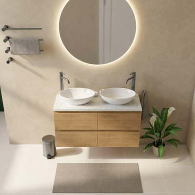 Saniclass Holz Pure Ensemble de meuble de salle de bains - 120x45x63cm - Plan vasque en marbre Dia poli (blanc) - 2 trous de robinet - 4 tiroirs - chêne natural mat (bois)