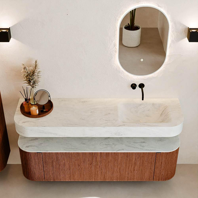 MONDIAZ THOR-DLUX 160cm meuble de salle de bains arrondi gauche + droite couleur Ruby avec 1 tiroir et 2 portes. Vasque suspendue CLOUD Droite sans trou de robinet couleur Opalo.