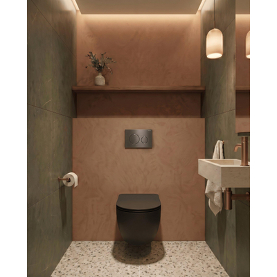 QeramiQ Dely Swirl Toiletset - 36.3x51.7cm - Geberit UP320 inbouwreservoir - met Burda frame - 35mm zitting - steel bedieningsplaat - ronde knoppen - mat zwart