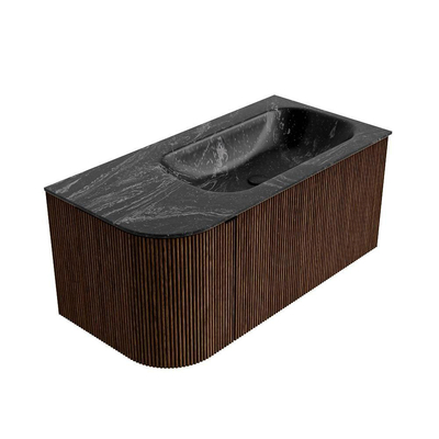 MONDIAZ KURVE-DLUX Meuble de salle de bains 95 cm avec module 25 L couleur Walnut avec 1 tiroir et 1 porte. Lavabo BIG SMALL à droite sans trou de robinet couleur Lava.