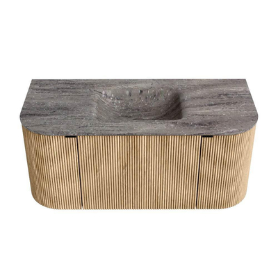 MONDIAZ KURVE-DLUX Meuble de salle de bains 100cm arrondi gauche + droite couleur chêne avec 1 tiroir et 2 portes. Lavabo GRUNNE central sans trou de robinet Oza.