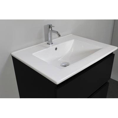 Basic Bella Meuble salle de bains avec lavabo céramique Blanc 60x55x46cm 1 trou de robinet avec miroir et éclairage Noir mat