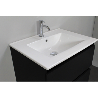 Basic Bella Meuble salle de bains avec lavabo céramique Blanc avec armoire toilette 1 porte gris 60x55x46cm 1 trou de robinet Noir mat