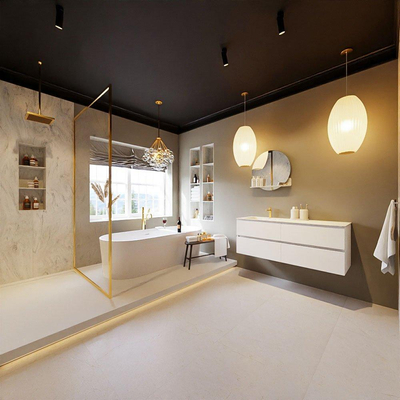 MONDIAZ VICA-DLUX Ensemble meuble de salle de bains - 130cm - sous-meuble talc - 4 tiroirs - lavabo encastré cloud gauche - 1 trou de robinet - version haute 60cm - opalo