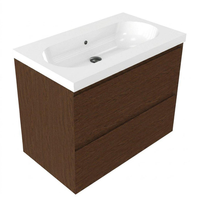 Saniclass Holz Pure Ensemble meuble de salle de bains - 80x45x63.5cm - lavabo en céramique Palermo blanc - 1 vasque - sans trou de robinet - 2 tiroirs - walnut pure mat (bois)