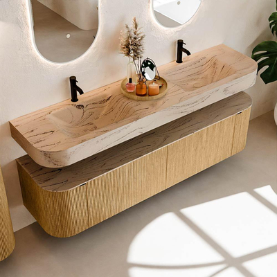 MONDIAZ THOR-DLUX Meuble de salle de bains - 180cm - arrondi gauche + droite - couleur Oak - 2 tiroirs et 2 portes - Lavabo suspendu CLOUD Double 2 trous de robinet - couleur Arena