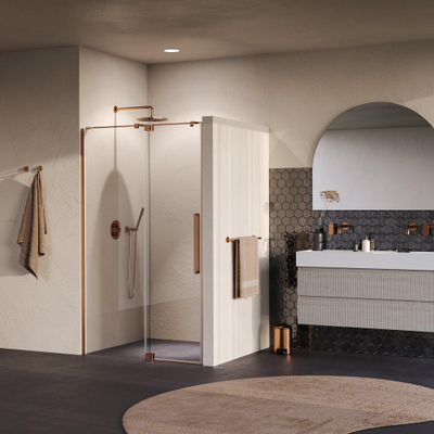 BRAUER Stellar Porte de niche - 2 parties - 100x200cm - porte pivotante - traitement anticalcaire - réversible - verre transparent - cuivre brossé PVD