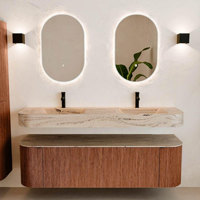 MONDIAZ THOR-DLUX 160cm meuble de salle de bains arrondi gauche + droite couleur Ruby avec 1 tiroir et 2 portes. Vasque suspendue CLOUD Double 2 trous de robinet couleur Arena.