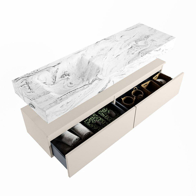 Mondiaz ALAN-DLUX Ensemble de meuble - 150cm - meuble Linen mat - 2 tiroirs - Lavabo Cloud Glace suspendu - vasque Gauche - 0 trous de robinet
