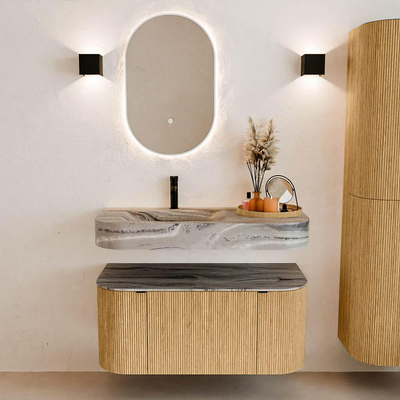 MONDIAZ THOR-DLUX 100cm badmeubel ronding links + rechts kleur Oak met 1 lade en 2 deuren. Vrijhangende wastafel CLOUD Links 1 kraangat kleur Sombra.