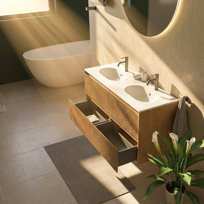 Saniclass Holz Atelier Ensemble meuble de salle de bains - 120x45x74cm - lavabo en céramique Chaci blanc - 2 vasques - 2 trous de robinetterie - 2 tiroirs - chêne natural mat (bois)