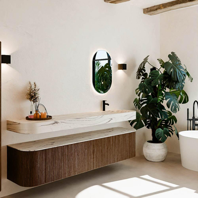 MONDIAZ THOR-DLUX 200cm meuble de salle de bains arrondi gauche + droite couleur Walnut avec 2 tiroirs et 2 portes. Vasque suspendue CLOUD Droite 1 trou de robinet couleur Nata.