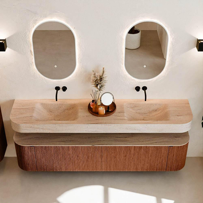 MONDIAZ THOR-DLUX Meuble de salle de bains - 200cm - arrondi gauche + droite - couleur Ruby - 2 tiroirs - 2 portes - Vasque suspendue CLOUD Double sans trou de robinet - couleur Saba