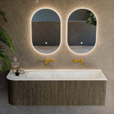 Mondiaz KURVE-DLUX Ensemble de meuble de salle de bains - 145x46x40cm - 1 tiroir - 1 porte - vasque solid surface - droite - sans trou de robinet - Shadow