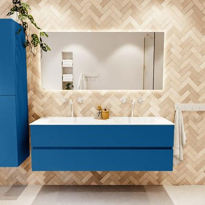 Mondiaz VICA Ensemble de meuble de salle de bain - 150cm - meuble sous-vasque jeans - 2 tiroirs - lavabo nuage double - 2 trous de robinet - version haute de 60cm - talc