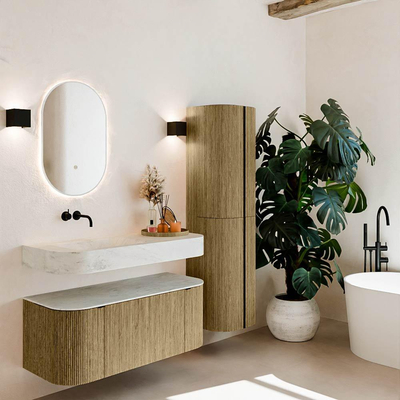 MONDIAZ THOR-DLUX 110cm meuble de salle de bains arrondi gauche + droite couleur Dusk avec 1 tiroir et 2 portes. Vasque suspendue CLOUD Gauche sans trou de robinet couleur Opalo.