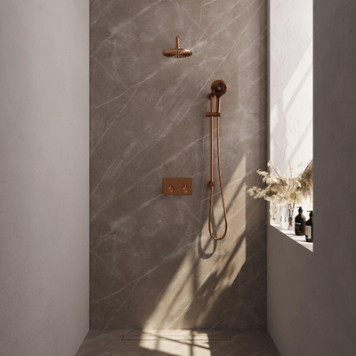 BRAUER Copper Edition Thermostatische Regendouche inbouw - drukknoppen - SET 69 - 20cm hoofddouche - gebogen muurarm - 3 standen handdouche - doucheslang - geïntegreerde glijstang - koper geborsteld PVD