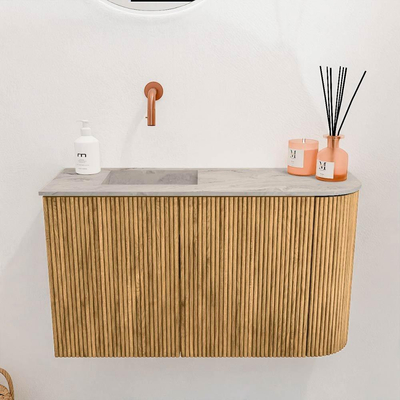 Mondiaz JOYA-DLUX 71.6cm toiletmeubel - ronding rechts kleur Oak - Wastafel FAYE positie Links Zonder kraangat kleur Glace.