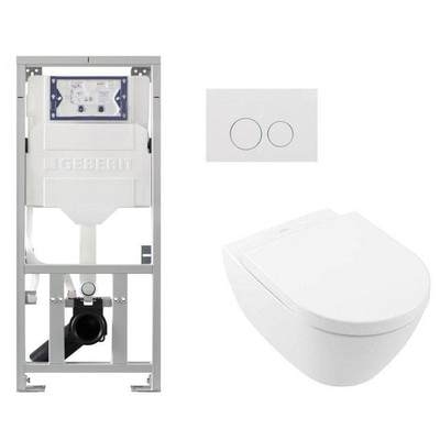 Villeroy & Boch Subway 2.0 DirectFlush Pack WC avec abattant de luxe softclose Saniclass, réservoir Geberit et plaque de commande QeramiQ avec boutons ronds blanc