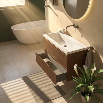 Saniclass Holz Atelier Ensemble meuble de salle de bains - 100x45x63.5cm - lavabo Bari en céramique blanc - 1 vasque - sans trou de robinetterie - 2 tiroirs - walnut pure mat (bois)