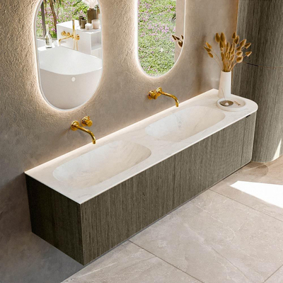 Mondiaz KURVE-DLUX Ensemble de meubles de salle de bains - 175x46x40cm - 2 tiroirs - 1 porte - lavabo solid surface - double / gauche - sans trou de robinet - Shadow
