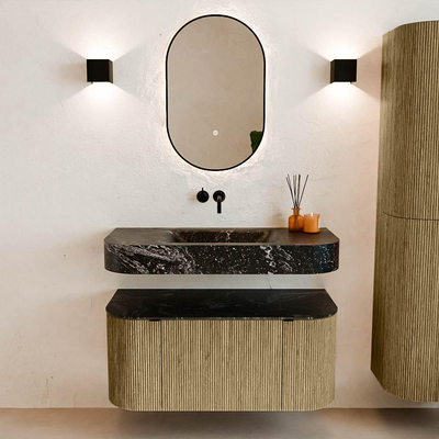 MONDIAZ THOR-DLUX Meuble de salle de bains - 100cm - arrondi gauche + droite - couleur Dusk - 1 tiroir - 2 portes - Vasque suspendue CLOUD Milieu sans trou de robinet - couleur Lava