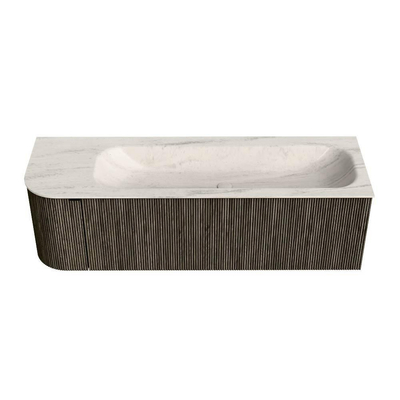 MONDIAZ KURVE-DLUX Meuble de salle de bains 145cm arrondi à gauche couleur Shadow avec 1 tiroir et 1 porte. Lavabo BIG LARGE à droite 1 trou de robinet Meli.