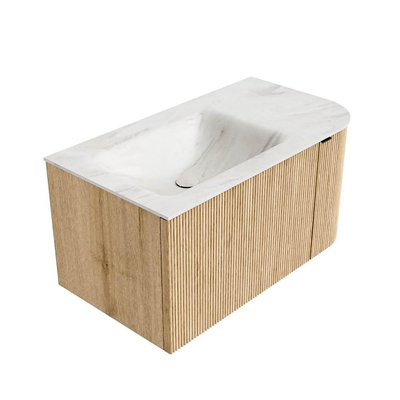 MONDIAZ KURVE-DLUX 85cm meuble de salle de bains avec module 25 R couleur Oak avec 1 tiroir et 1 porte. Lavabo CLOUD à gauche 1 trou de robinet couleur Ostra.