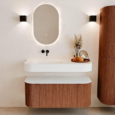 MONDIAZ THOR 110cm meuble de salle de bains arrondi gauche + droite couleur Ruby avec 1 tiroir et 2 portes. Vasque suspendue CLOUD gauche sans trou de robinet couleur Talc.