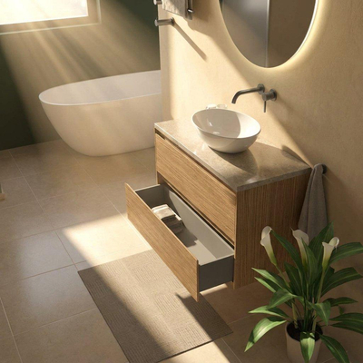 Saniclass Holz Pure Ensemble de meubles de salle de bains - 100x45x63cm - Plan de travail en pierre naturelle travertin - sans trou de robinet - 2 tiroirs - chêne natural mat (bois)