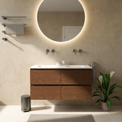 Saniclass Holz Pure Ensemble meuble de salle de bains - 120x45x61.5cm - Flow lavabo en solid surface blanc - 2 vasques - sans trous de robinetterie - 4 tiroirs - noyer pure mat (bois)