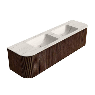 MONDIAZ KURVE-DLUX Meuble de salle de bains 170cm arrondi gauche + droit couleur Walnut avec 1 tiroir et 2 portes. Plan-vasque LEAF Double sans trou de robinet Meli.