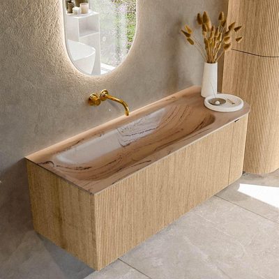 MONDIAZ KURVE-DLUX Meuble de salle de bains 125cm arrondi à droite couleur Chêne avec 1 tiroir et 1 porte. Lavabo BIG MEDIUM à gauche sans trou de robinet Arena.