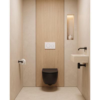 QeramiQ Dely Swirl Toiletset - 36.5x53cm - Geberit UP720 Duofix Sigma inbouwreservoir - 35mm zitting - bedieningsplaat Delta wit - ronde knoppen - mat zwart