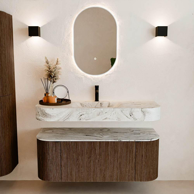MONDIAZ THOR-DLUX 120cm badmeubel ronding links + rechts kleur Walnut met 1 lade en 2 deuren. Vrijhangende wastafel CLOUD Midden 1 kraangat kleur Glace.