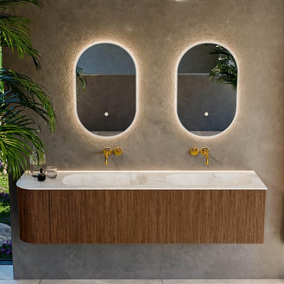 MONDIAZ KURVE-DLUX 175cm Meuble salle de bain avec module 25 G - couleur Walnut - 2 tiroirs - 1 porte - vasque STOR SMALL double / droite - sans trou de robinet - couleur Ostra