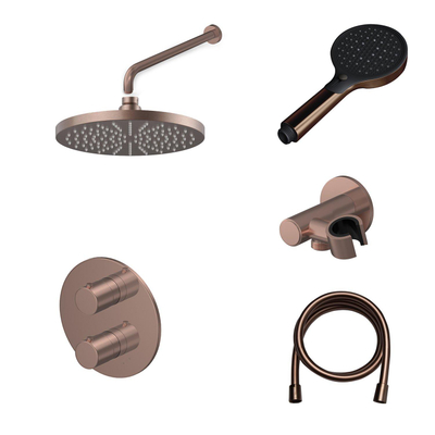 Hotbath COBBER Ensemble de douche à effet pluie - robinet encastré - thermostatique - pomme de douche 20 cm - douchette à main - cuivre brossé PVD