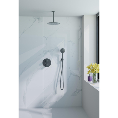 Fortifura Calvi Ensemble de douche à l'italienne - rond - thermostatique - bras plafond - douche principale de 25 cm - douchette ronde - flexible lisse - Gunmetal PVD brossé