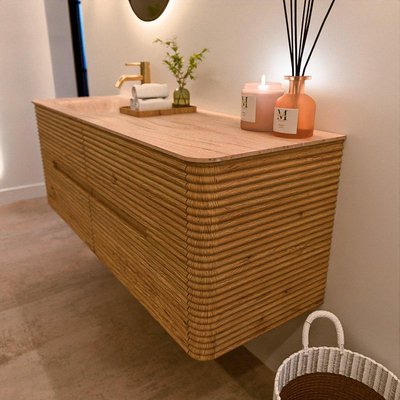 Mondiaz CIRO-DLUX Badkamermeubelset - 140x45x50cm - Solid surface wastafel Saba - 1 wasbak Links - 1 kraangat - 4 lades - Oak