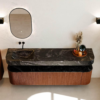 MONDIAZ THOR-DLUX Meuble de salle de bains 190cm arrondi gauche + droite couleur Ruby avec 2 tiroirs et 2 portes. Vasque suspendue CLOUD Gauche sans trou de robinet couleur Lava.