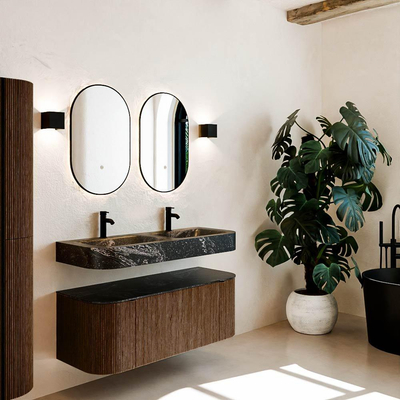 MONDIAZ THOR-DLUX 120cm meuble de salle de bains arrondi gauche + droite couleur Walnut avec 1 tiroir et 2 portes. Vasque suspendue CLOUD Double 2 trous de robinet couleur Lava.