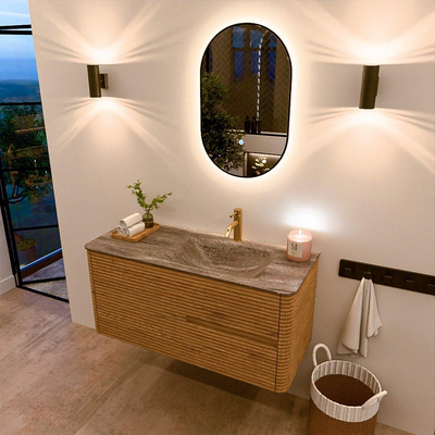 Mondiaz CIRO-DLUX Ensemble meuble de salle de bains - 110x45x50cm - vasque solid surface Oza - 1 bac à droite - 1 trou de robinet - 2 tiroirs - Chêne