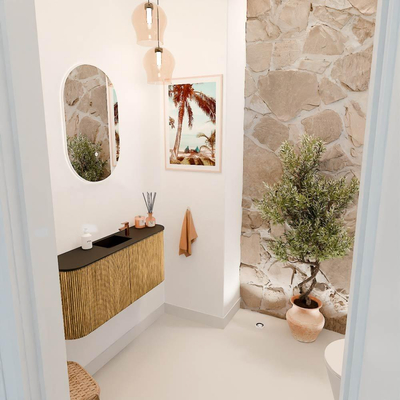 Mondiaz JOYA 93.2cm toiletmeubel - ronding links en rechts kleur Oak - Wastafel FAYE positie Midden 1 kraangat kleur Urban.