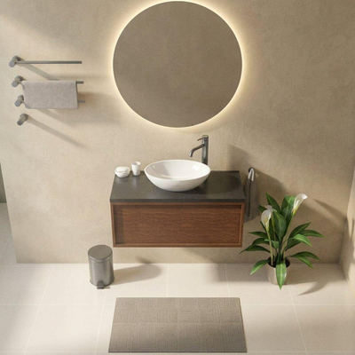 Saniclass Holz Frame Ensemble de meuble de salle de bains - 100x45x43cm - Plan vasque en basalte Noche poli (noir) - 1 trou de robinetterie - 1 tiroir - walnut pure mat (bois)